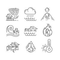 Natural disaster linear icons set. Earthquake, fire, tsunami, tornado, avalanche, flood, downpour, volcanic eruption. Thin line contour symbols. Isolated vector outline illustrations. Editable stroke