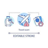 Travel scam icon. Airport fraud incident idea thin line illustration. Fake flight tickets. Stealing passport, luggage, goods. Fake touristic agencies. Vector isolated outline drawing. Editable stroke