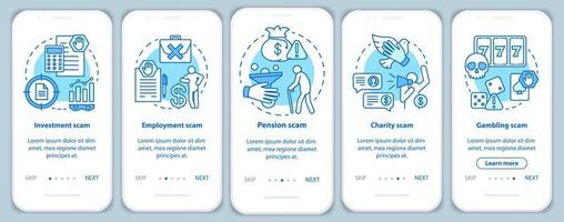 Scam types onboarding mobile app page screen with linear concepts. Five walkthrough steps graphic instructions. Investment and pension fraud. UX, UI, GUI vector template with illustrations
