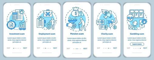 tipos de estafa que incorporan la pantalla de la página de la aplicación móvil con conceptos lineales. instrucciones gráficas de cinco pasos de recorrido. fraude de inversiones y pensiones. ux, ui, plantilla vectorial gui con ilustraciones vector