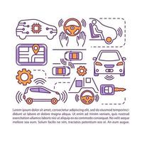 Self-driving car article page vector template. Autonomous car system. Brochure, magazine, booklet design element with linear icons and text boxes. Print design. Concept illustrations with text space