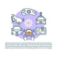 Self-driving car article page vector template. Driverless vehicle. Autonomous automobile. Brochure, magazine, booklet design element with linear icons and text. Print design. Concept illustrations