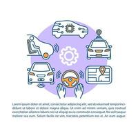 Self-driving car article page vector template. Driverless vehicle. Autonomous automobile. Brochure, magazine, booklet design element with linear icons and text. Print design. Concept illustrations