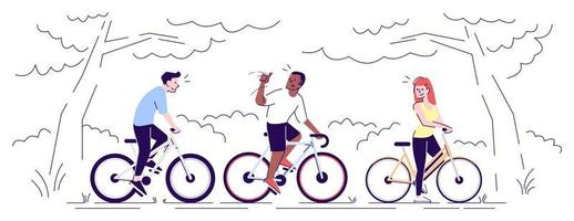 Friends riding bikes in park flat vector illustration. Boys, girl, neighbours enjoying fresh air, cycling in forest on bicycles isolated cartoon characters with outline elements on white background