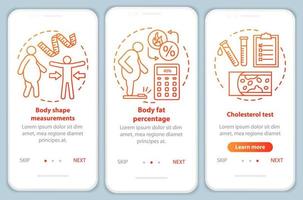 Body health onboarding mobile app page screen vector template. Walkthrough website steps with linear illustrations. Cholesterol test. Body shape measurements. UX, UI, GUI smartphone interface concept