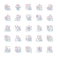 Clinical trials gradient linear vector icons set. Experimental medicine research. Clinical scientist. New drugs testing. Thin line contour symbols bundle. Isolated outline illustrations collection