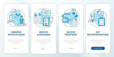 PT process blue onboarding mobile app page screen. Health care. Physical therapy walkthrough 4 steps graphic instructions with concepts. UI, UX, GUI vector template with linear color illustrations