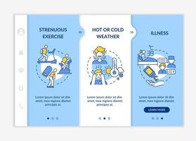 Increased fluid consumption onboarding vector template. Responsive mobile website with icons. Web page walkthrough 3 step screens. Rehydration color concept with linear illustrations