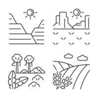 conjunto de iconos lineales de accidentes geográficos. formación de sedimentos y rocas. región de clima cálido. selva y selva tropical. símbolos de contorno de línea fina personalizables. ilustraciones aisladas de contorno vectorial. trazo editable vector