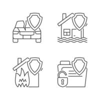 Insurance protection types linear icons set. Guaranteed safety at accident. Policy covering different case types. Customizable thin line contour symbols. Isolated vector outline illustrations