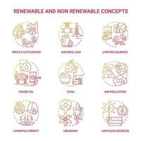 Renewable and non renewable energy red gradient icons set. Types of power resources idea thin line color illustrations. Isolated outline drawings. Roboto-Medium, Myriad Pro-Bold fonts used vector