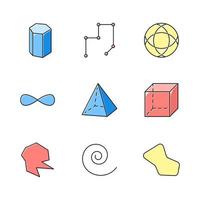 Geometric figures color icons set. Prism model. Connected lines with points. Complex striped circle. Eternity sign. Pyramid, cube. Round abstract shapes. Isometric forms. Isolated vector illustrations