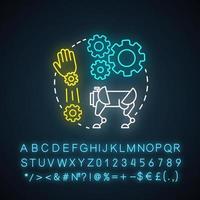 Robotics motion system neon light concept icon. Robot software idea. Information technologies and innovative programming. Glowing sign with alphabet, numbers and symbols. Vector isolated illustration