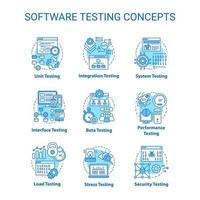 concepto de pruebas de software conjunto de iconos de color turquesa. ilustraciones de líneas finas de la idea de verificación del rendimiento del sistema. etapas de desarrollo del programa. fiabilidad. dibujos de contorno aislados vectoriales. trazo editable vector