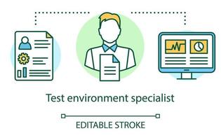 Test environment specialist concept icon. IT employee idea thin line illustration. Software testing process. Indicating issues and problems. Vector isolated outline drawing. Editable stroke