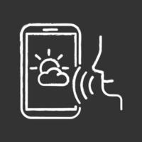 icono de tiza de búsqueda de voz de pronóstico del tiempo. idea de comando de sonido de teléfono inteligente. aplicación de meteorología, aplicación móvil. solicitud de audio control remoto del teléfono. ilustración de pizarra de vector aislado