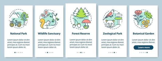 áreas protegidas para la incorporación de la biodiversidad en la pantalla de la página de la aplicación móvil con conceptos lineales. parque nacional, guía de reserva forestal pasos instrucciones gráficas. ux, ui, plantilla vectorial gui con iconos vector