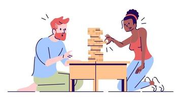 Couple playing jenga flat vector illustration. Family relax. Bearded man focused on tower construction. Girl pulling wooden block isolated cartoon characters with outline elements on white background