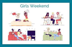Girls weekend flat vector concept illustration. Ladies chatting, gossiping in cafe with coffee. Roommates playing videogame, pillow fighting isolated cartoon design elements set on white background