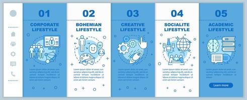 Lifestyle types onboarding mobile web pages vector template. Corporate life. Responsive smartphone website interface idea with linear illustrations. Webpage walkthrough step screens. Color concept