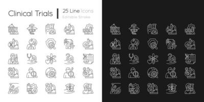 Clinical trials linear icons set for dark and light mode. Experimental medicine research. Clinical scientist. Customizable thin line symbols. Isolated vector outline illustrations. Editable stroke