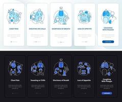 Pneumonia signs onboarding mobile app page screen. Breath shortness walkthrough 5 steps graphic instructions with concepts. UI, UX, GUI vector template with linear night and day mode illustrations