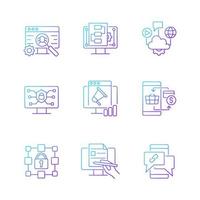 Digital proficiency gradient linear vector icons set. Identify risks. Internet safety. Cloud solutions. Promotion strategy. Thin line contour symbols bundle. Isolated outline illustrations collection