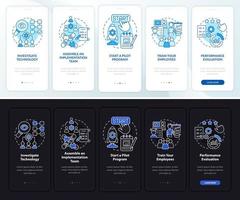 Pasos de ejecución técnica para incorporar la pantalla de la página de la aplicación móvil. tutorial de integración 5 pasos instrucciones gráficas con conceptos. ui, ux, plantilla vectorial gui con ilustraciones lineales en modo día y noche vector