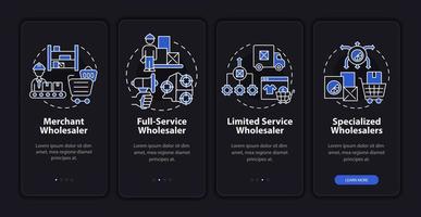 Definitions of wholesalers onboarding mobile app page screen. Distribution walkthrough 5 steps graphic instructions with concepts. UI, UX, GUI vector template with linear night mode illustrations