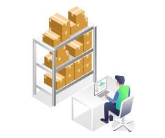 Isometric illustration concept. Man analyzing goods in warehouse vector