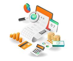 ilustración concepto isométrico. datos de análisis de contabilidad fiscal para empresas de negocios de inversión vector