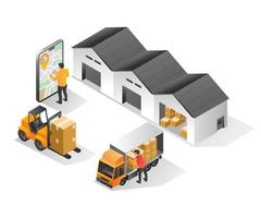 Isometric illustration concept. Goods delivery warehouse application map vector