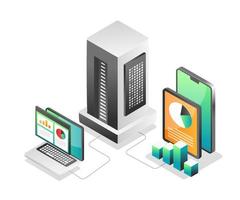 Illustration isometric concept. Computer and smartphone application server vector