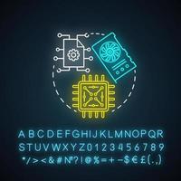 Digital electronics in robotics neon light concept icon. Computer chip and microscheme idea. Processor, hardware element. Glowing sign with alphabet, numbers and symbols. Vector isolated illustration
