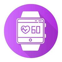 función de reloj inteligente de seguimiento de la frecuencia cardíaca icono de glifo de sombra larga de diseño plano púrpura. indicadores de salud. medición de los latidos del corazón. pulsera de fitness. ilustración de silueta vectorial vector