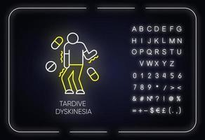 Tardive dyskinesia neon light icon. Tremor from medication. Movement problem. Chorea, athetosis. Mental disorder. Glowing sign with alphabet, numbers and symbols. Vector isolated illustration