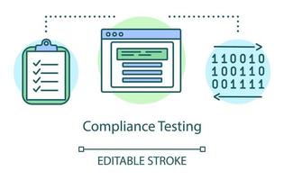 Compliance testing concept icon. Computer program standarts idea thin line illustration. Software testing process. Indicating issues and problems. Vector isolated outline drawing. Editable stroke