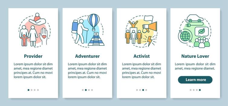 Lifestyle types onboarding mobile app page screen with linear concepts. Provider, adventurer, activist, nature lover walkthrough steps graphic instructions. UX, UI, GUI vector template with icons