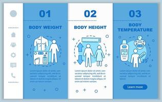 Body measurement onboarding mobile web pages vector template. Weight and height. Responsive smartphone website interface idea with linear illustrations. Webpage walkthrough step screen. Color concept