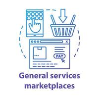 Internet general services marketplaces concept icon. On demand economy, e commerce idea thin line illustration. Smartphone, browser window and shopping basket vector isolated outline drawing