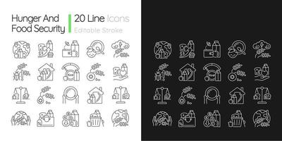 Hunger and food security linear icons set for dark and light mode. Poverty and starvation. Harvest loss. Customizable thin line symbols. Isolated vector outline illustrations. Editable stroke