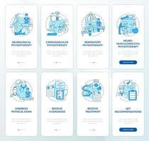 Physiotherapy blue onboarding mobile app page screen. Physical treatment walkthrough 4 steps graphic instructions with concepts. UI, UX, GUI vector template with linear color illustrations