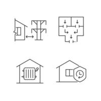 Home building regulation linear icons set. Distance from electric lines. Fire escape route. Customizable thin line contour symbols. Isolated vector outline illustrations. Editable stroke