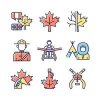 Canadian representation RGB color icons set. Official country symbols. Significant marks of Canada. National heritage. Isolated vector illustrations. Simple filled line drawings collection
