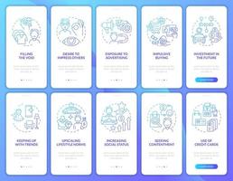 Consumerism gradient blue onboarding mobile app page screen set. Excessive buying walkthrough 5 steps graphic instructions with concepts. UI, UX, GUI vector template with linear color illustrations