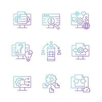 Digital literacy skills gradient linear vector icons set. Manage digital content. Social networks. Computer algorithms. Thin line contour symbols bundle. Isolated outline illustrations collection