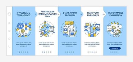 plantilla de vector de incorporación de implementación de tecnología. sitio web móvil sensible con iconos. Tutorial de página web Pantallas de 5 pasos. integre el concepto de color innovador con ilustraciones lineales