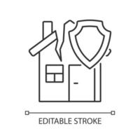 Earthquake home insurance linear icon. Protection from disaster. Thin line customizable illustration. Contour symbol. Vector isolated outline drawing. Editable stroke. Arial font used