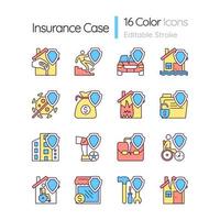 Insurance cases RGB color icons set. Financial protection guaranty of accidents. Isolated vector illustrations. Simple filled line drawings collection. Editable stroke. Quicksand-Light font used