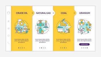 Limited energy sources onboarding template. Nonrenewable fossil fuel. Responsive mobile website with linear concept icons. Web page walkthrough 4 step screens. Lato-Bold, Regular fonts used vector